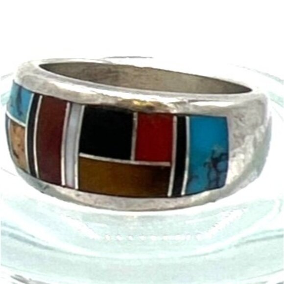 Southwest Sterling Silver Ring 9.5 Inlay Turquoise Lapis MOP Coral Mosaic Signed - Picture 2 of 11